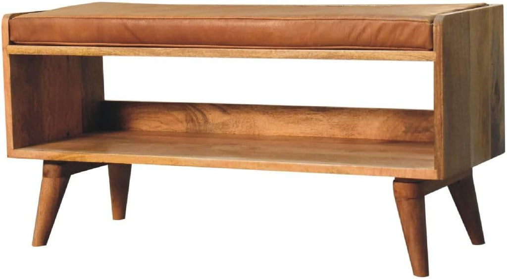 Oak-ish Bench with Tan Leather Seatpad