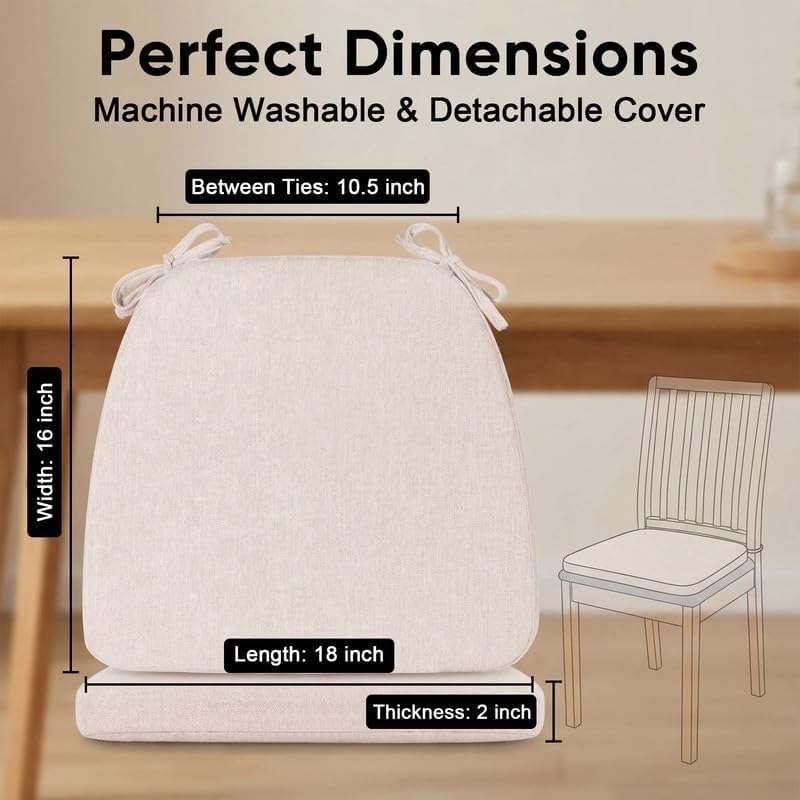 Chair Cushions Set of 4, D-Shaped Seat Cushion for Chair, Non Slip Chair Pads with Ties, 18" x 16" x 2", 40D Foam, Removable Washable Cover, Seat Cushions for Kitchen Chairs, Beige