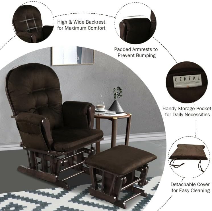Nursery Rocking Chairs Nursery Glider Rocking Chair Wood Baby Rocker with Ottoman Cushion Upholstered Nursing Chair with Padded Arms (Brown)