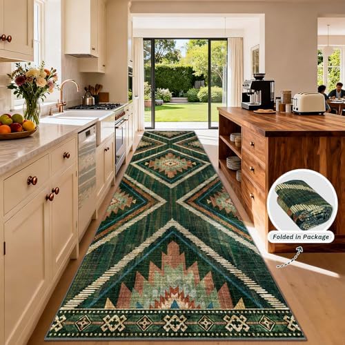 3x12Ft Boho Runner Rugs for Hallway Non Slip, Long Wide Green Geometric Washable Kitchen Rug Runner, Soft Moroccan Entryway Floor Carpets for Entrance Doorway Office Decor