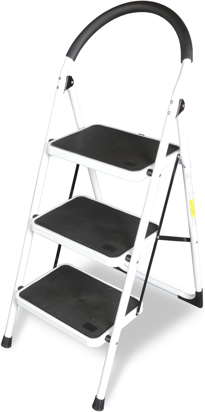 Big RED 3 Step Ladder, Folding Step Stool with Anti-Slip Pedal, Step Ladder 3 Step Folding with Padded Handle for Kitchen, Household, Offices. 400 lb Capacity