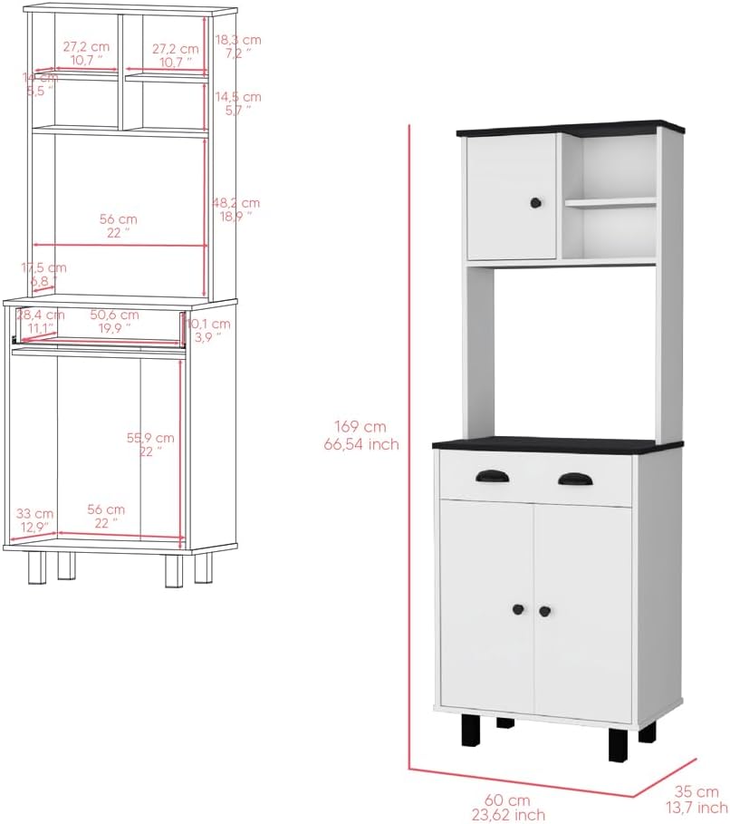 23.6" D*13.7" W*66.5" H Freestanding Kitchen Pantry with Dawer, 2 Shelves, Top Single Door & Lower Double Door, Rectangular Storage Cabinet, Modern, for Living Room, Dining Room, White