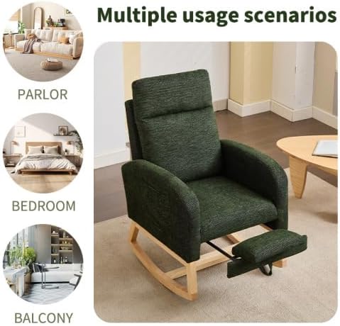 Upholstered Nursery Glider Rocking Chair, Modern Accent Armchair with High Backrest & Side Pocket, Comfy Rocker for Living Room Bedroom, Dark Green, Solid Wood Legs