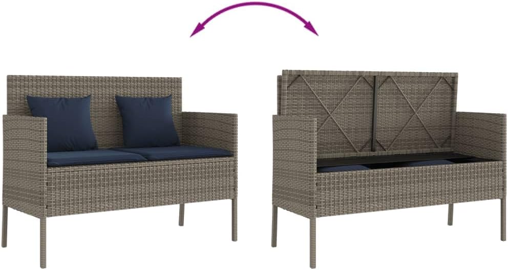 Gray Poly Rattan Patio Storage Bench with Cushion, Outdoor Seat with Waterproof Bag for Cushions and Towels