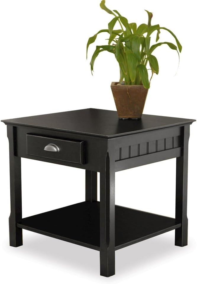 Furnifact Black End Table, Side Table with Drawer and Open Storage Shelf, Square Living Room Furniture, Solid Wood Accents