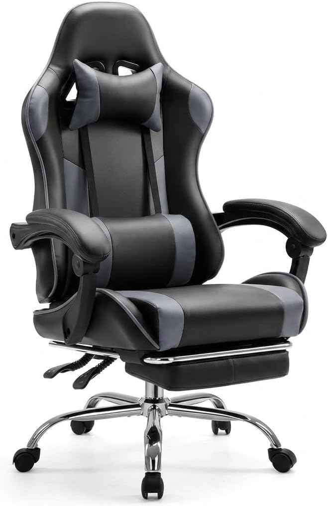 Racing E-Sports Gaming Chair - Ergonomic Grey PU Leather Computer Desk Chair with Footrest, High Back Recliner with Lumbar & Headrest Support, 360° Swivel for Home Office