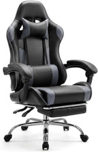 Racing E-Sports Gaming Chair - Ergonomic Grey PU Leather Computer Desk Chair with Footrest, High Back Recliner with Lumbar & Headrest Support, 360° Swivel for Home Office