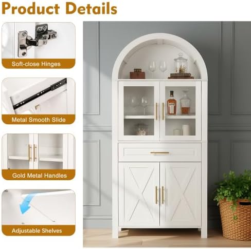 71" Tall Arched Pantry Cabinet, Farmhouse Kitchen Storage Cabinets with Adjustable Shelves & Glass Door, Drawer, Modern Display Versatile Cupboard for Kitchen Dining Room (White B)
