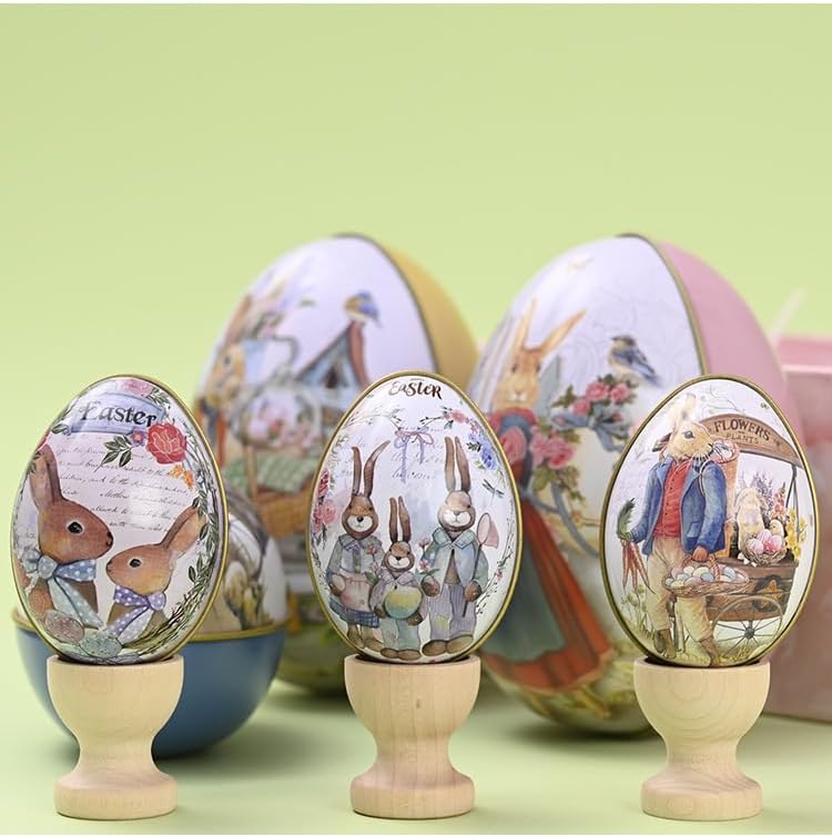 Vintage Easter Egg Tin Box (Style C), Metal Rabbit Easter Egg Containers for Candy & Treats, Reusable Decorative Gift Tin