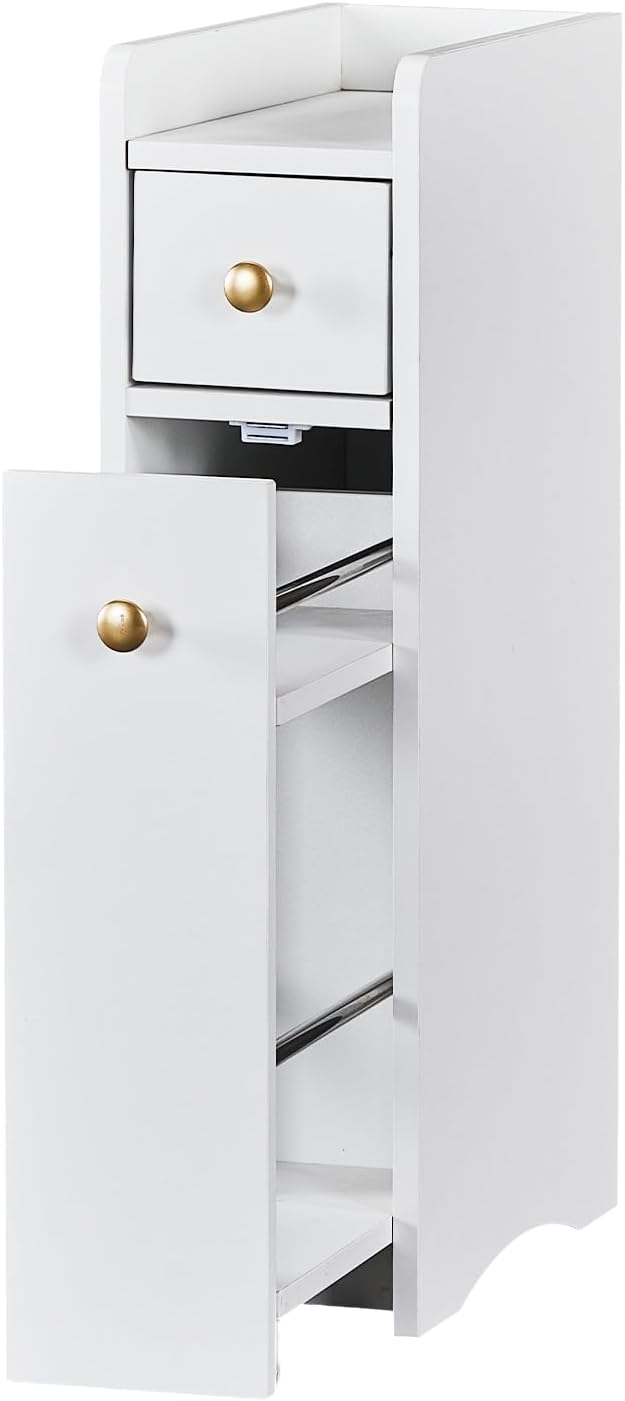VINGLI Slim Bathroom Storage Cabinet, Narrow Storage Organizer with Slide Out Drawers, Freestanding Toilet Paper Holder, Small Space Skinny Cabinet for Bathroom Kitchen Corner, White