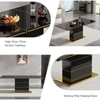 SSLine 70" Modern High Gloss Dining Table for 6, Black Wooden Tabletop with Gold Stainless Steel Trim, Geometric Pedestal Base, Luxury Elegant Kitchen Table for Home Office Dining Room
