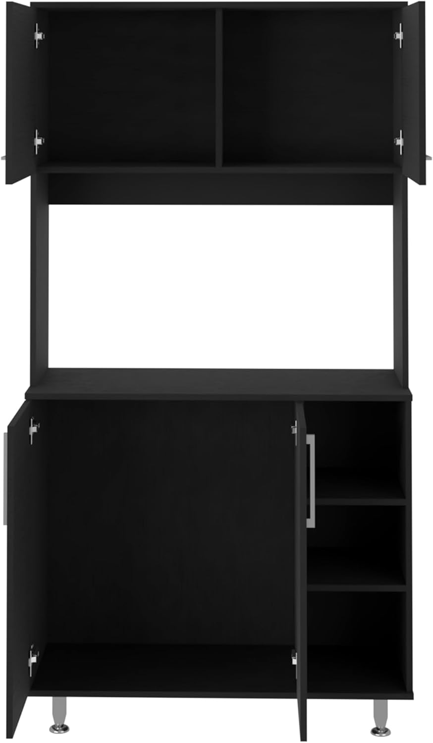 Kitchen Pantry Cabinet, 3 Shelves, Double Door & Open Rack - Black