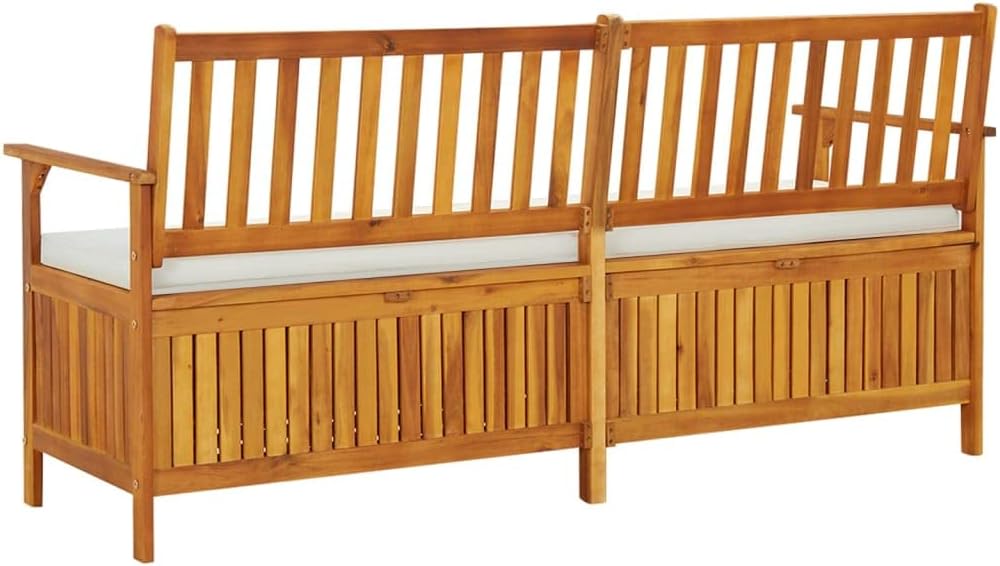 Brown, Cream White Solid Acacia Wood Storage Bench, 67x67x33.1 in, 100% Polyester Fabric, Rustic Outdoor Patio Garden Seating, Entryway Bench Seating