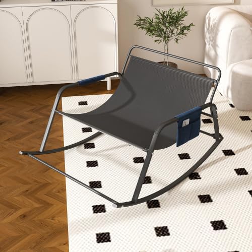 Rocking Chair with Storage Pocket, Upholstered Nursery Glider Rocker with Padded Armrest & Cushion, Ergonomic Accent Armchair for Living Room Bedroom Patio Garden, Breathable, Blue