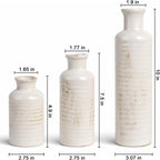 White Ceramic Vase Set of 3 – Ribbed Texture Crackle Glaze Bottle Vases for Rustic Farmhouse Table Centerpiece, Shelf & Mantel Decor