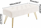 Velvet Button-Tufted Entryway Bench, 39.37" Modern Upholstered Bedroom Bench with Gold Metal Legs, Padded Rectangular End of Bed Bench for Living Room, Dining Room (White)