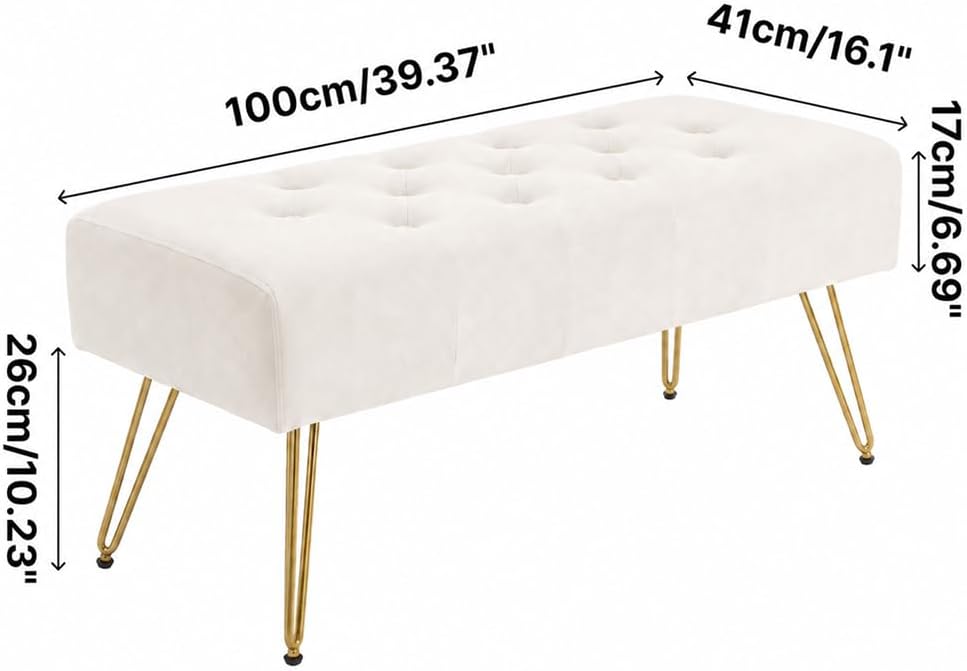 Velvet Button-Tufted Entryway Bench, 39.37" Modern Upholstered Bedroom Bench with Gold Metal Legs, Padded Rectangular End of Bed Bench for Living Room, Dining Room (White)