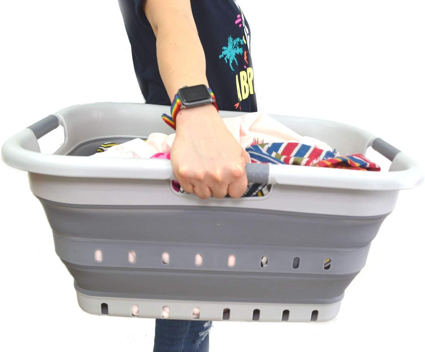 SAMMART 41L (10.8 gallon) Set of 2 Collapsible 3 Handled Plastic Laundry Basket-Foldable Pop Up Storage Container/Organizer-Space Saving Hamper/Basket (2, Grey/Dark Grey)