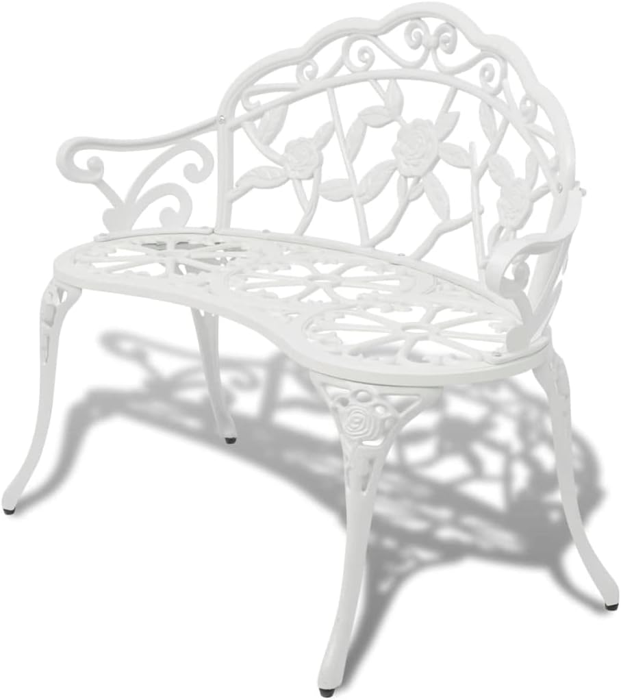 Outdoor Garden Bench 39.4 Inch White Metal Park Seat Cast Aluminum and Iron Floral Motif Furniture for Patio Backyard Porch Seating for 2 People