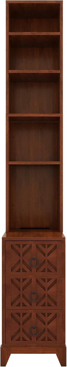 Mirightone 71" Tall End Table with 3-Drawer and Shelves, Narrow Side Table with Charging Station, High Slim Corner Cabinet Bedside Table with Storage Bookcase for Living Room Bedroom, Walnut