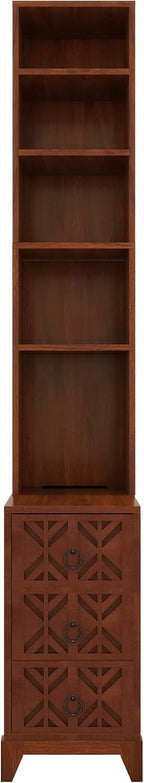 Mirightone 71" Tall End Table with 3-Drawer and Shelves, Narrow Side Table with Charging Station, High Slim Corner Cabinet Bedside Table with Storage Bookcase for Living Room Bedroom, Walnut