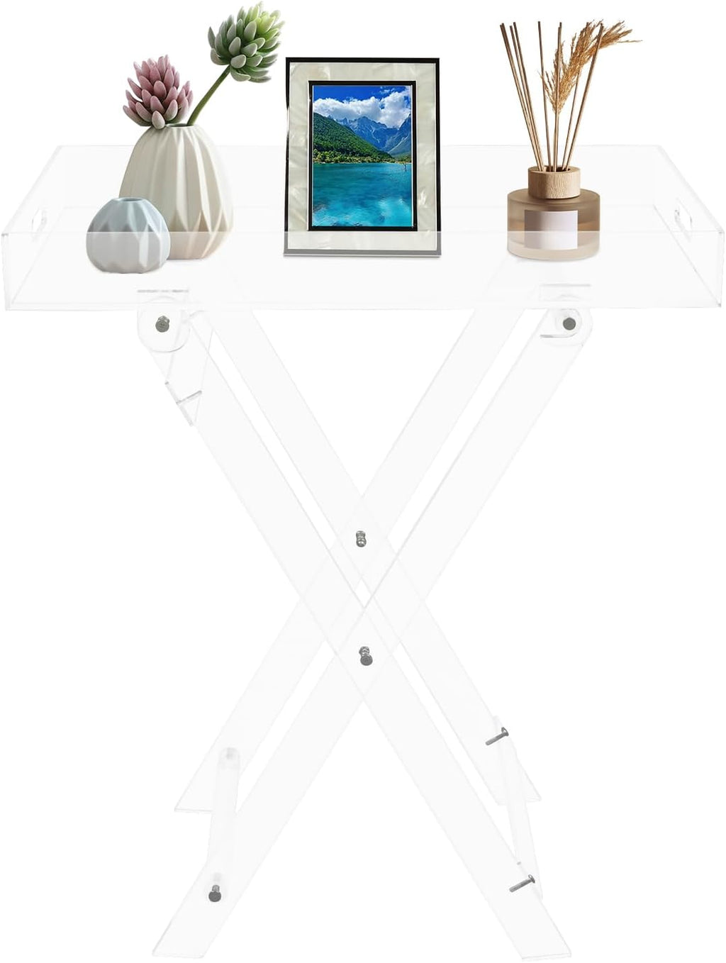 Clear Acrylic Folding Tray Table, Modern Side End Table with Handles,Kitchen and Bar Serving Table, 23.62x20.08x13.78 Inch