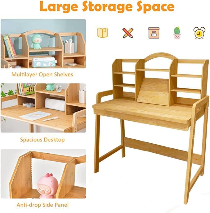 UNICOO Kids Desk and Chair Set, Height Adjustable Bamboo Study Desk with Storage Hutch and Bookshelf, Wooden Writing Table for Toddlers and Kids, Easy-Clean Surface, Natural (02)