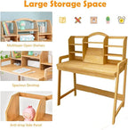 UNICOO Kids Desk and Chair Set, Height Adjustable Bamboo Study Desk with Storage Hutch and Bookshelf, Wooden Writing Table for Toddlers and Kids, Easy-Clean Surface, Natural (02)