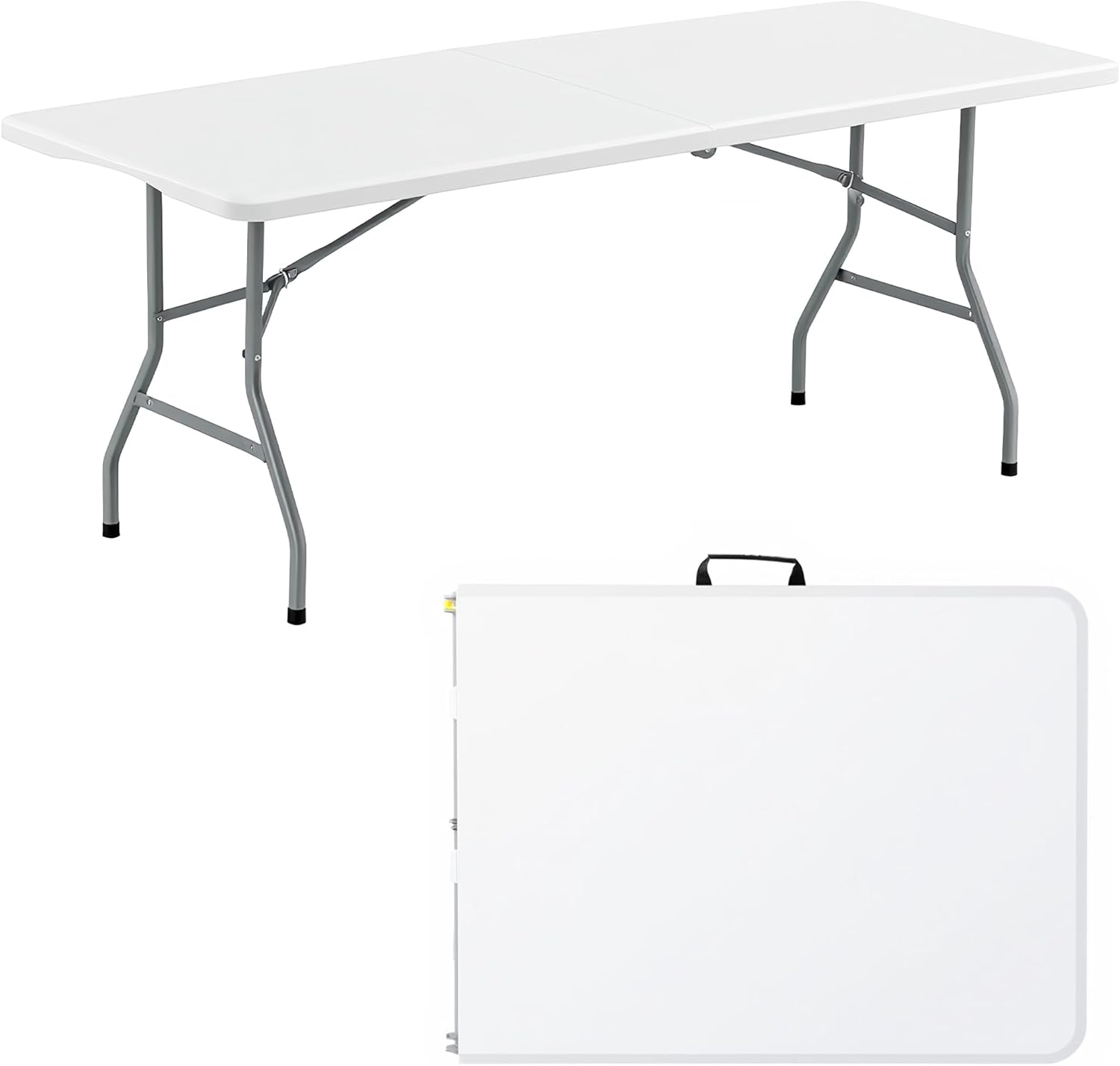 Folding Table 6FT Portable Heavy Duty Plastic Table with Carrying Handle Fold-in-Half Utility Foldable Tables for Parties Wedding Events Dining Indoor Outdoor Picnic (White)