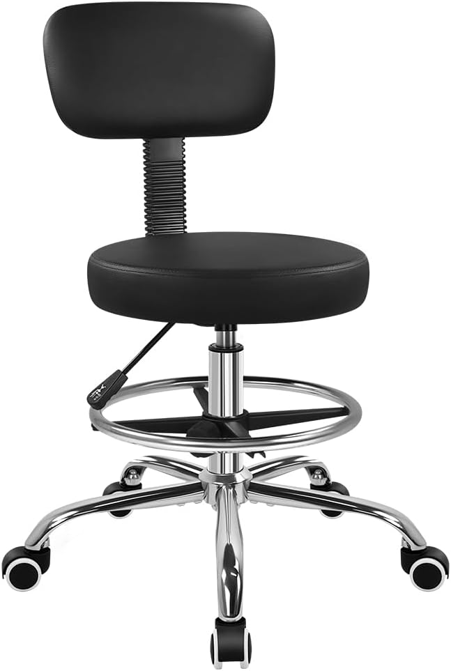 BFTOU Black Drafting Chair with Backsupport Tall Adjustable Rolling Stool with Wheels Thick Seat Cushion High Office Chair for Shop Salon Bar Kitchen Studio Home Lab Counter Space Saving