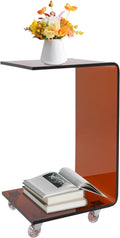 Acrylic End Table, C-Shaped Side Table Nightstand with 4 Wheels, Movable Small Side Table Laptop Desk for School Office Home Bedroom, 13.38" D x 14.17" W x 21.65" H (Tea)