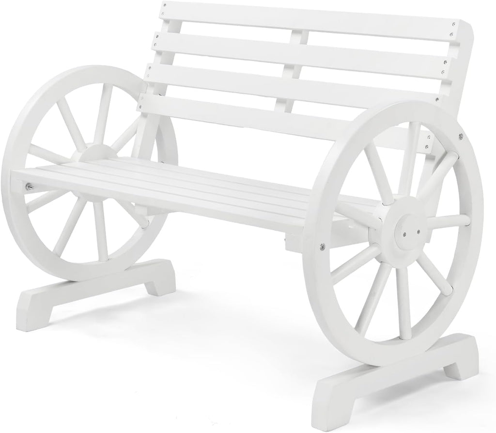 VINGLI Rustic Wooden Wheel Bench Outdoor Bench, Patio Bench Wagon Slatted Seat, Garden Benches for Outdoors 350lbs High Capacity, Weather Resistance (White, 41in)
