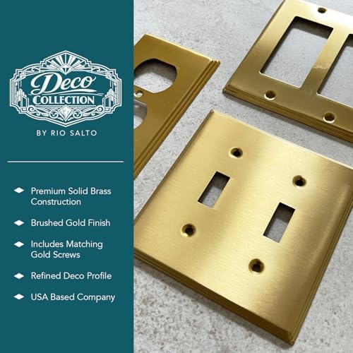 Rio Salto BRASS Brushed Brass Gold Metal Duplex Receptacle Wall Plate Outlet Covers Light Switch Cover Plate – Deco Collection Decorative Wall Plates 10-Pack Standard Size 4.50" X 2.75"