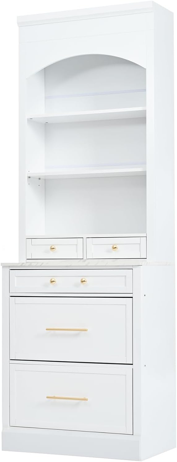 83.7” Tall Kitchen Pantry Storage Cabinet, Wooden Storage Cabinet with 5 Drawers and Adjustable Shelves, Bathroom Storage Cabinet with Open Compartments, Freestanding Cupboard for Kitchen, White