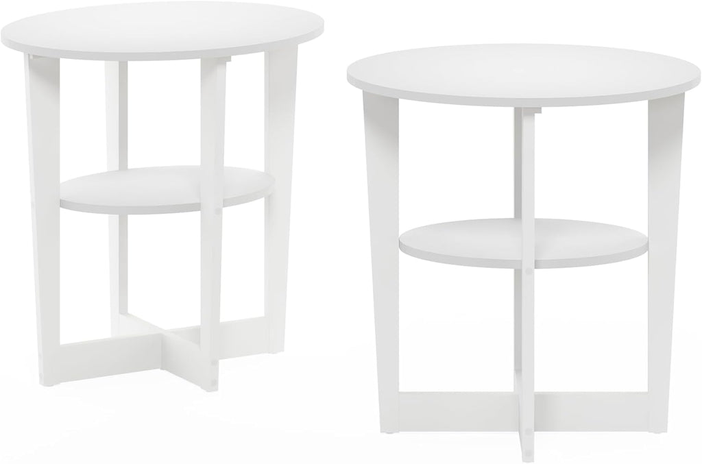 Furinno Jaya Side Table Set of 2, 2-Tier Round Modern End Table with Oval Tabletop, Night Stand, Bedside Table with Open Shelf, for Living Room, Bedroom, Plain White