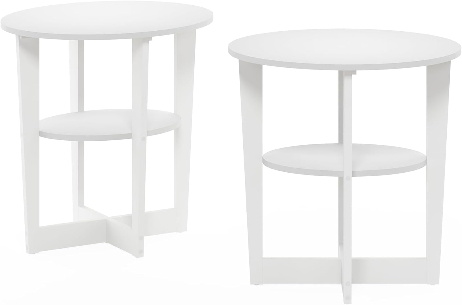 Furinno Jaya Side Table Set of 2, 2-Tier Round Modern End Table with Oval Tabletop, Night Stand, Bedside Table with Open Shelf, for Living Room, Bedroom, Plain White