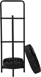 3-Tier Round Woven Storage Basket Stand with Metal Frame - Black Handcrafted Paper Rope Organizer for Living, Bedroom & Kitchen - Farmhouse Side Table with Portable Handle