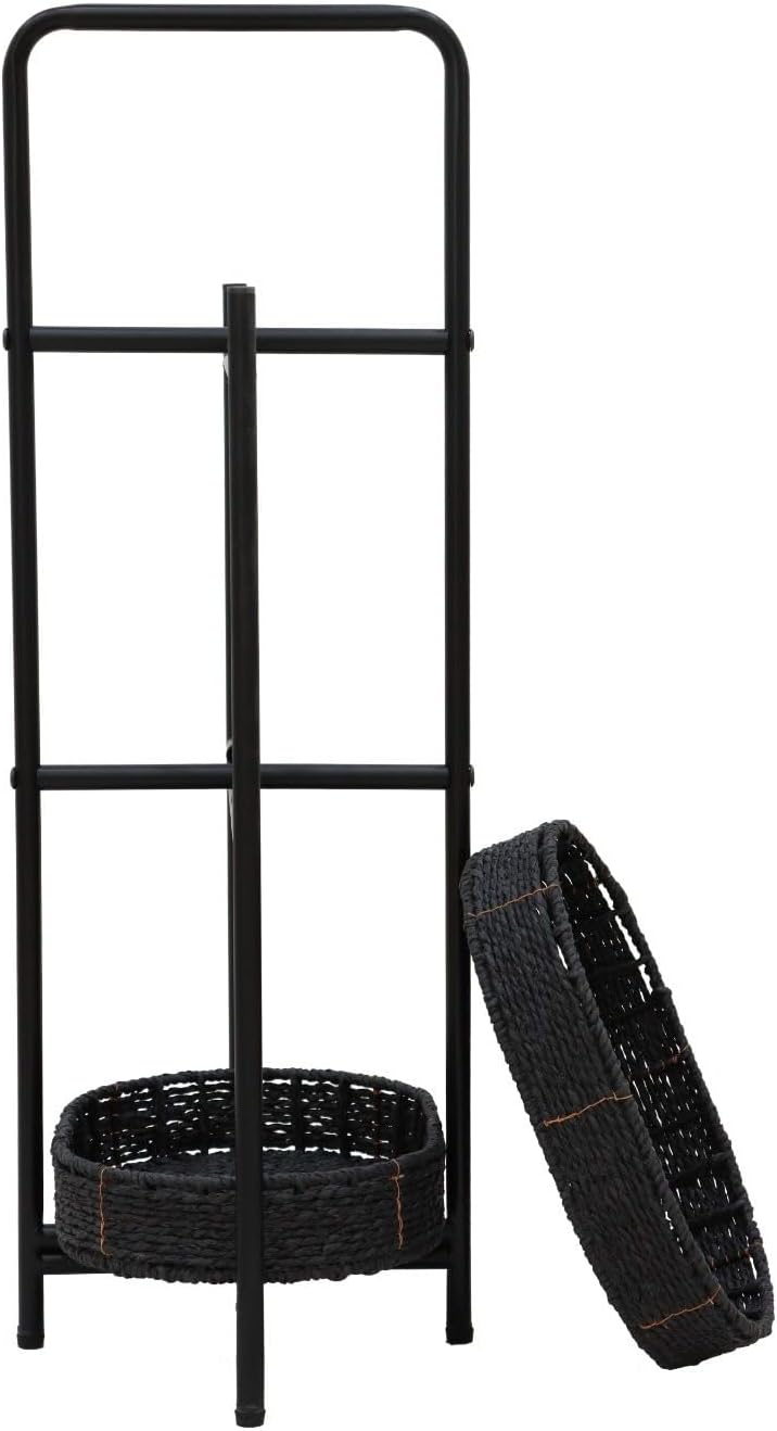 3-Tier Round Woven Storage Basket Stand with Metal Frame - Black Handcrafted Paper Rope Organizer for Living, Bedroom & Kitchen - Farmhouse Side Table with Portable Handle