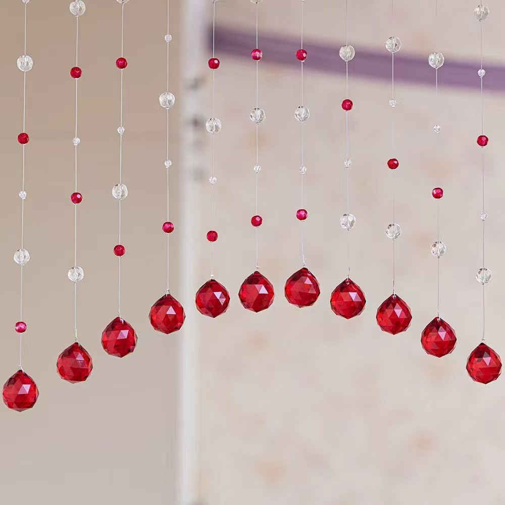 20 Strings Crystal Beaded Curtain, Arched Door String Curtain, Hanging Doorway Room Divider Suitable for Home, Coffee House, Bedroom, Restaurant. (Ruby Red)