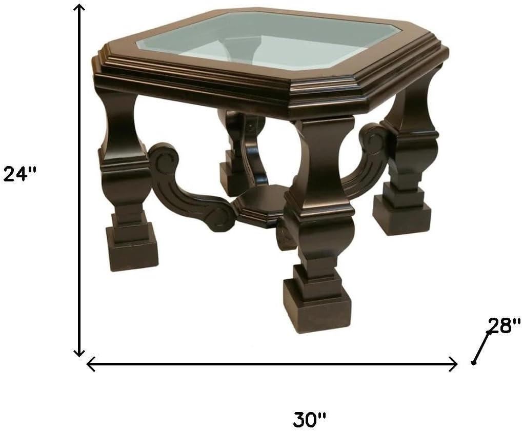 HomeRoots 24" Espresso Brown and Clear Wood and Glass Square End Table