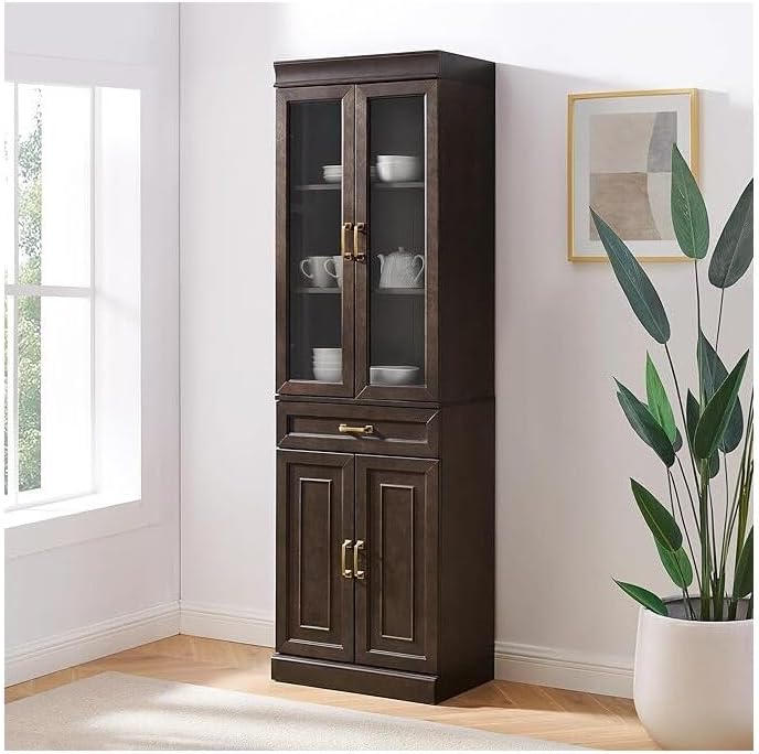 HomeStock Renaissance Refinement Stanton Glass Door Kitchen Storage Pantry Cabinet - 14.5" D x 23.75" W x 78" H, Durable, Adjustable Shelf, Floor Mountable, Rectangular