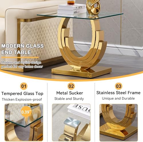 Luxury Gold Glass End Table, 22.6" Square Sofa Side Table with Mirrored Ring-Shape Stainless Steel Base, Glass End Tables Nightstand Bedside Table for Living Room Bedroom