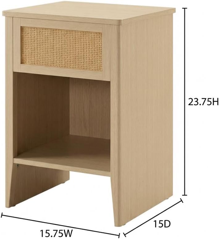 Furnifact Rattan Accent Side Table with Drawer Storage, Open Shelf, Modern Design, Home Decor for Living Room or Bedroom