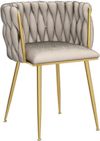NIOIIKIT Modern Velvet Dining Chairs Hand Weaving Accent Chairs Living Room Chairs Upholstered Side Chair with Golden Metal Legs for Dining Room Kitchen Vanity Living Room (Ivory)