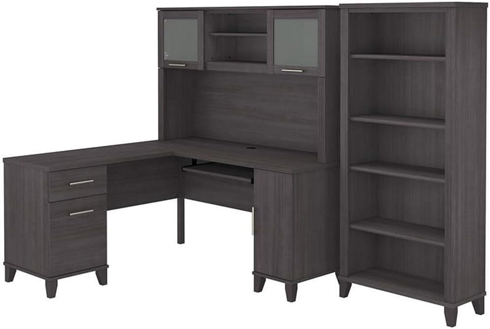 Bush Home Somerset 60W L Shaped Desk with Hutch and 5 Shelf Bookcase in Storm Gray