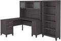 Bush Home Somerset 60W L Shaped Desk with Hutch and 5 Shelf Bookcase in Storm Gray