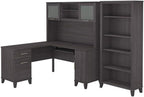 Bush Home Somerset 60W L Shaped Desk with Hutch and 5 Shelf Bookcase in Storm Gray