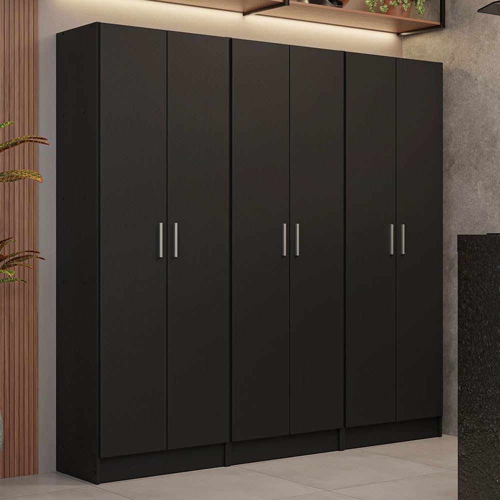 Madesa Kitchen Set 3 Pantry Storage Cabinet with 15 Utility Shelves 71" L Wooden Organization Unit for Kitchen (Black)