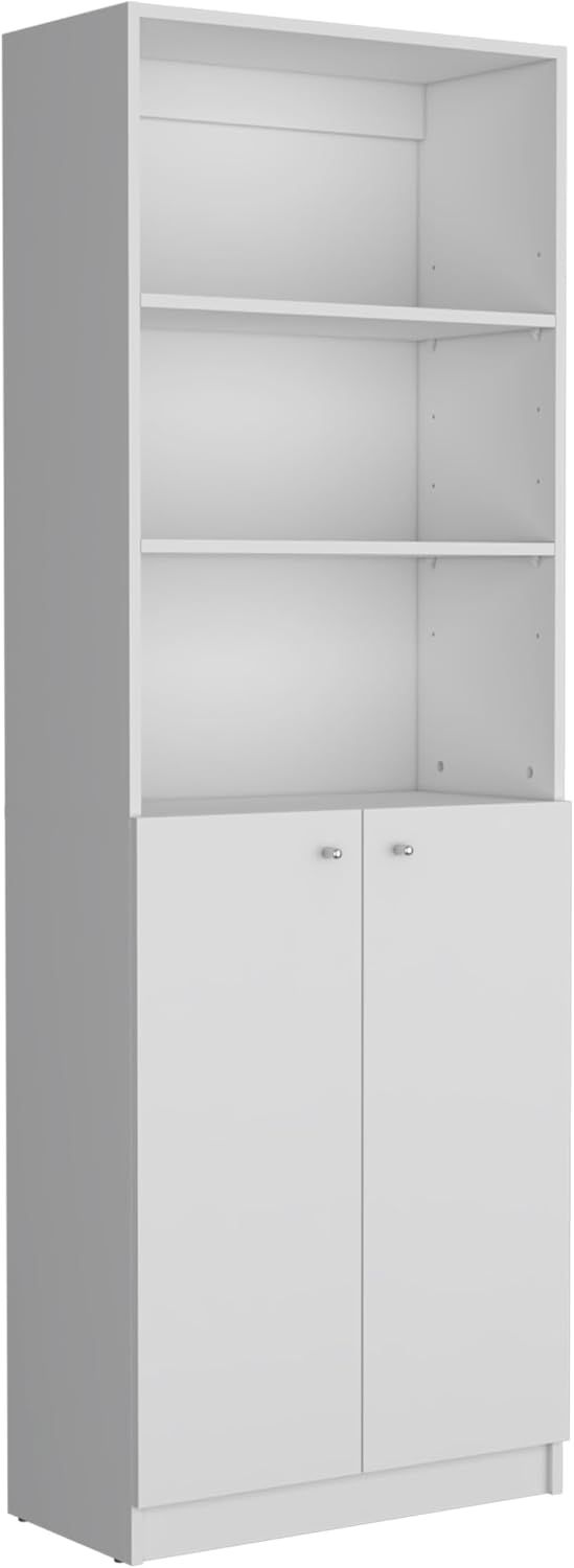 Kitchen Pantry Cabinet,Wooden Cupboard Credenza Cabinet with 3 Open Shelves & 2 Doors,Freestanding Kitchen Hutch Organizer for Dining Room,Living Room,White