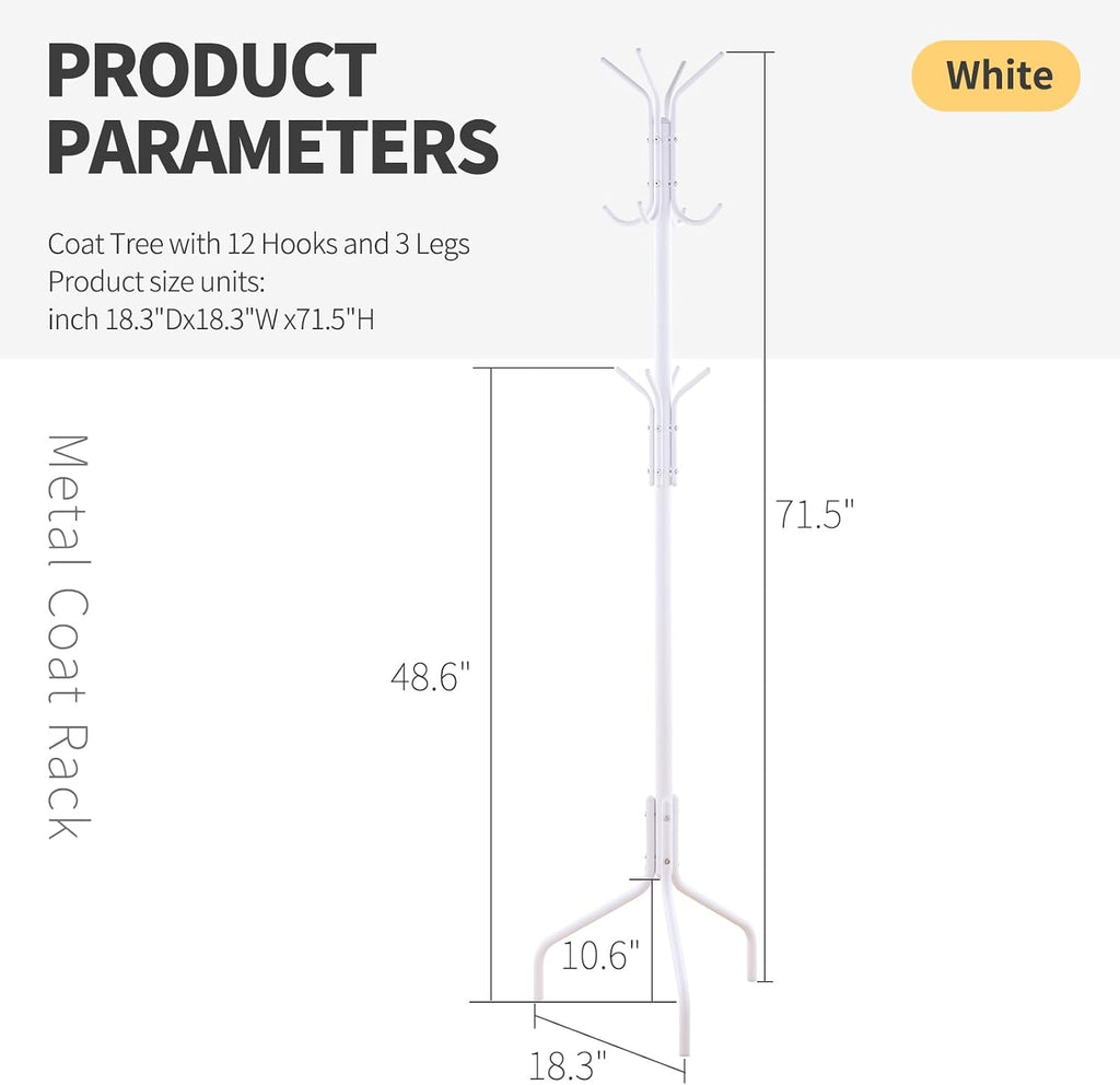 Coat Rack Freestanding for entryway,Living Room,Bedroom,Metal coat tree with12 Hooks and 3 Legs,hat stand (White)
